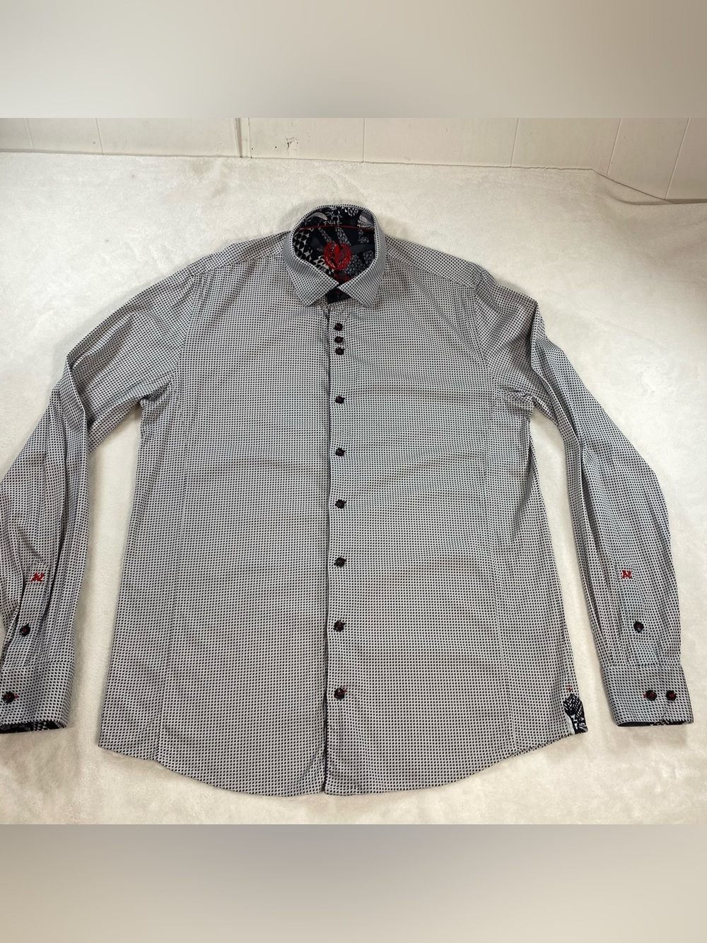 Au Noir Luxury Button Up Dress Shirt Mens Size 3 Medium Gray Geometric Flip Cuff